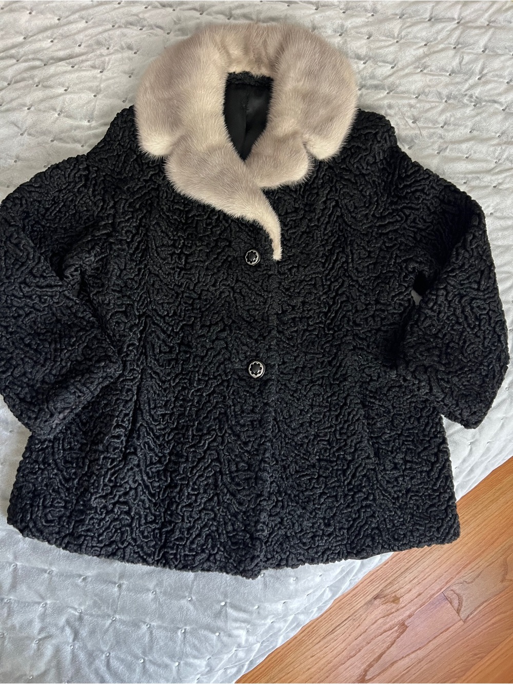 Vintage Black Persian Lamb Theater Coat Luxury Mink Fur Collar Opera Jacket
